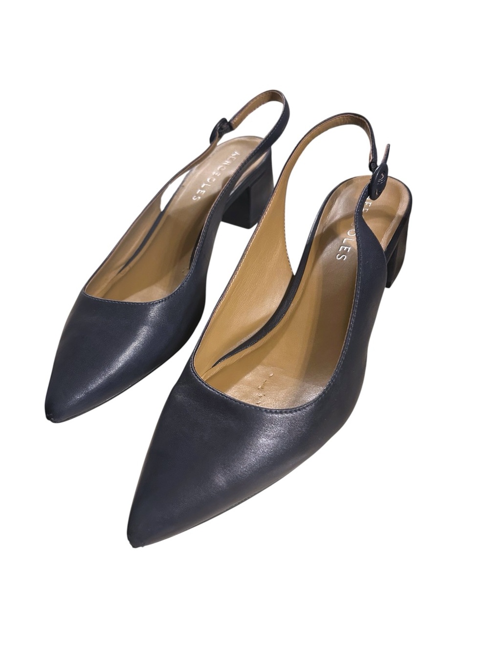 Navy Leather Pointed Toe Slingback Thick 2” Block Heels Size 11 - Picture 2 of 16